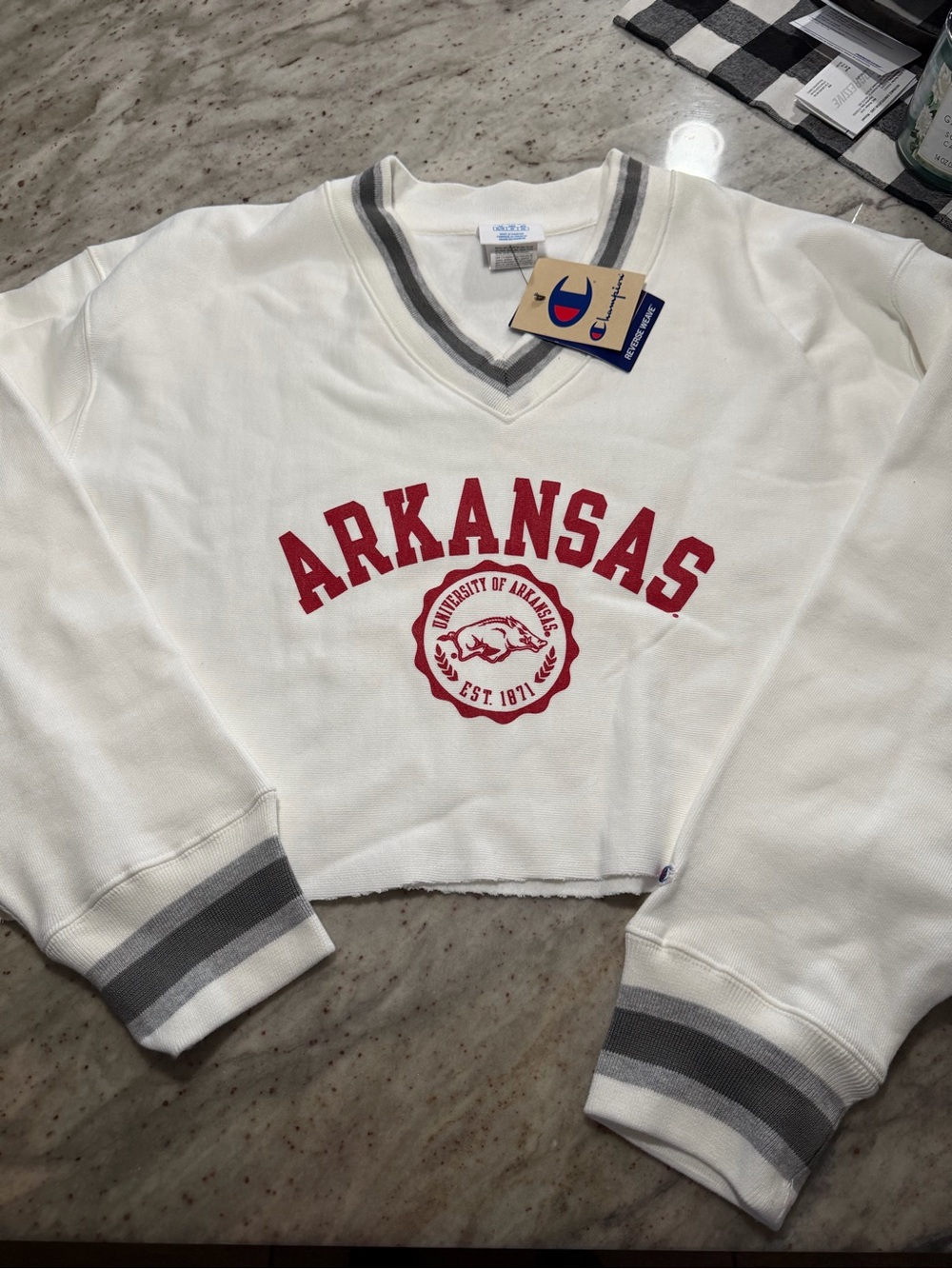 Champion White V-Neck Cropped Sweater with Red Arkansas Print